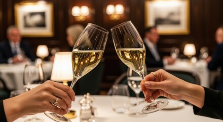 Two hands holding champagne glasses in a restaurant setting.