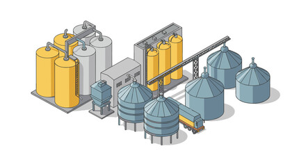 Fototapeta premium Isometric industrial facility with silos and tanks for product storage