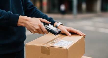 Delivery person scanning package with barcode scanner outdoors, close-up view