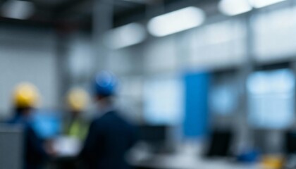 Fototapeta premium Blurred Image of Engineers Wearing Hard Hats in a Modern Industrial Setting, Suggesting Safety and Collaboration