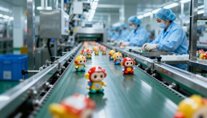 Obraz premium Toy Factory: Automated Production Line with Workers Monitoring Quality and Safety of Plastic Toys