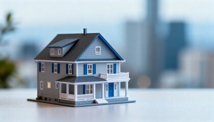 Miniature Model Home Depicting Real Estate Investment and Property Ownership Against a Blurred Cityscape