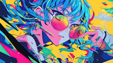 Naklejka premium Vibrant Anime Character with Headphones and Dynamic Hair