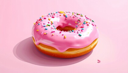 Single donut with glossy pink icing and colorful sprinkles on light pink surface