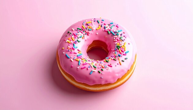 Single donut with glossy pink icing and colorful sprinkles on light pink surface