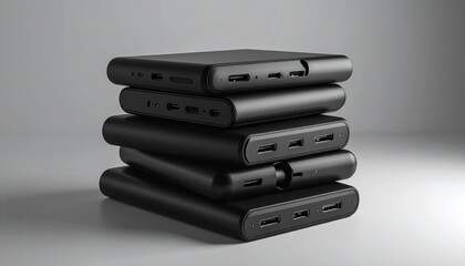 Stack of six black portable power banks with USB-A and USB-C ports, sleek matte finish on neutral background
