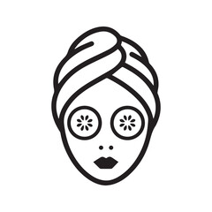 Woman in towel wrap with eye patches, beauty and spa treatment line art icon. Skincare routine vector.
