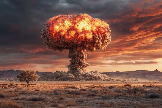 Atomic explosion over a desolate landscape