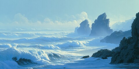 Misty coastal scene with waves crashing against rocks