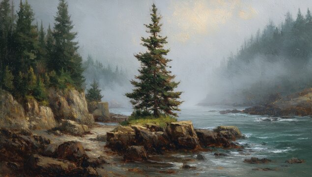 Misty coastal landscape painting
