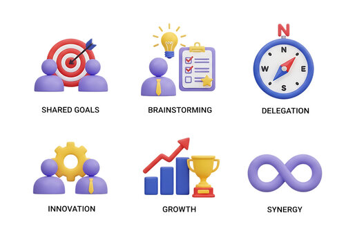 3d icon of set of 6 business concept icons including shared goals, brainstorming, delegation, innovation, growth, and synergy, isolated on transparent background