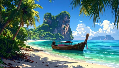 Fototapeta premium A picturesque tropical beach scene, featuring lush greenery, towering limestone cliffs, and a traditional longtail boat gently bobbing in the turquoise water.