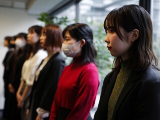Obraz premium Japanese asian women standing in line waiting for interview or meeting in office setting