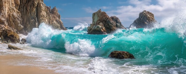 Powerful turquoise waves crashing on a rocky beach