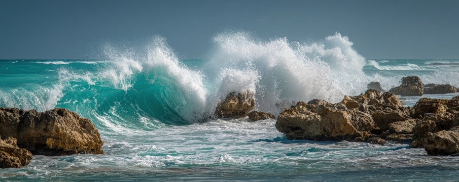 Powerful ocean waves crashing against rocks