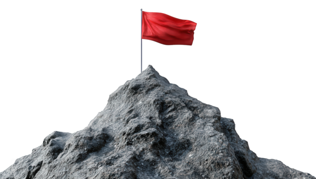 Red flag on a rocky mountain peak isolated on transparent background