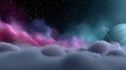 Fototapeta premium Colorful cosmic clouds and planets in a stunning celestial display during nighttime