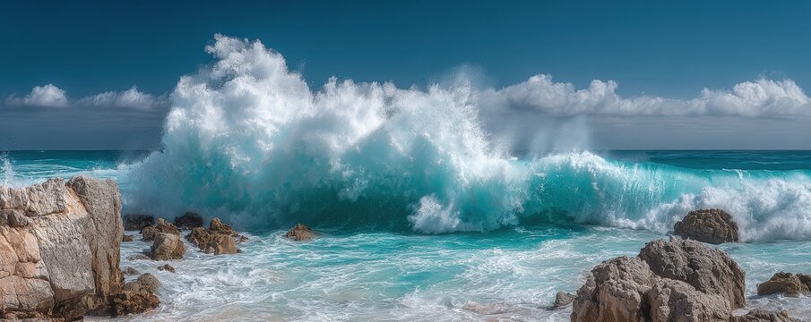 Powerful ocean wave crashing against rocks