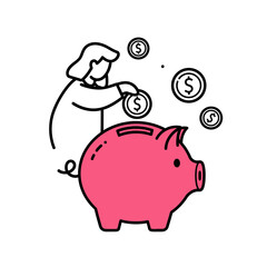 Obraz premium Minimal vector illustration of a person putting a coin into a pink piggy bank with floating dollar coins, flat 2D design on a white background, conveying finance and investment concepts.