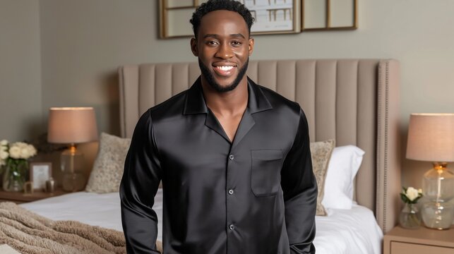 Stylish black man in elegant satin pajama set smiling in modern bedroom decor at home in the evening light