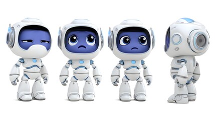 A collection of cute robot characters displaying various emotions such as sadness, happiness, confusion, and curiosity