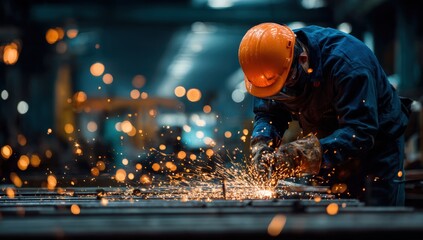 Industrial worker grinding metal