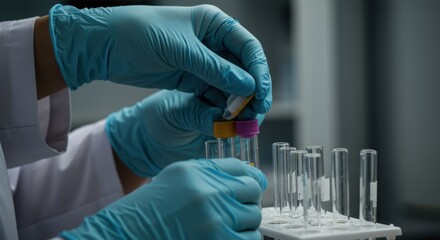 Close-up of scientist in lab coat preparing test tubes