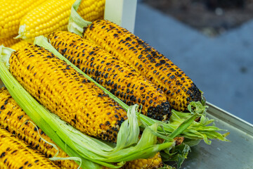 Street food in Turkey. Fried sweet corn. Yellow corn. Fast food in Istanbul.