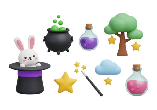 3d icon of magical elements including a rabbit in a hat, cauldron, potions, and stars, isolated on transparent background