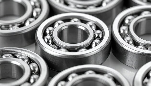 Macro thrust bearing washer set stacked slightly offset satin steel finish clean technical background with copy space for catalog template and engineering layout
