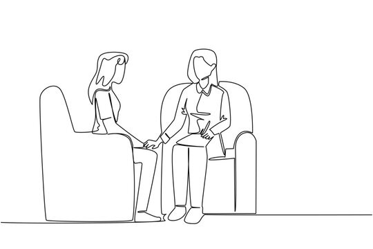 Single continuous line drawing a woman hold clipboard while hold the hand of woman next to her. Giving resilience. National Mental Health Provider Appreciation Day. One line design vector illustration