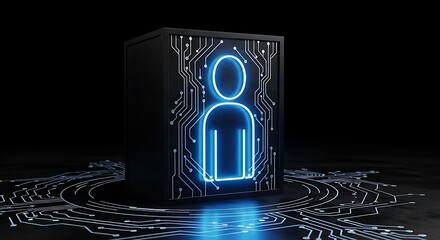 A glowing digital person silhouette embedded within a circuit board on a black surface