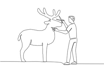 Single one line drawing a male gardener cuts a tree to shape it into a stag with antlers. The art of playing with animal shapes. AgileWorld Topiary Day. Continuous line design graphic illustration
