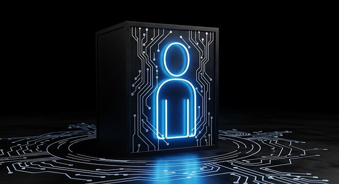 A glowing digital person silhouette embedded within a circuit board on a black surface
