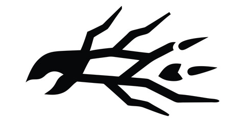 A powerful black vector illustration of a man and horse in a strong silhouette, with kanji art