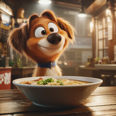 Cute dog in front of ramen