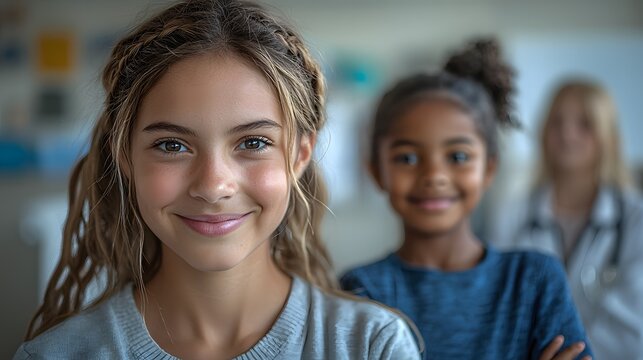 Happy diverse children and a caring healthcare professional share a positive moment in a bright medical office