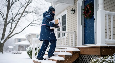 A postal worker delivering mail to a house in a snowy neighborhood.