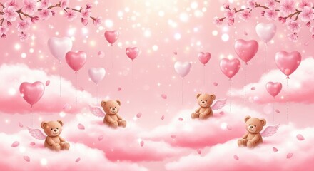 Adorable Teddy Bears Floating Among Pink Clouds and Hearts