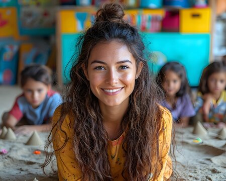 A warm and friendly educator smiles at the while diverse children engage in creative sand play activities within a vibrant educational indoor setting - Powered by Adobe