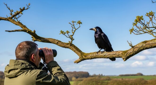 A man with binoculars observing a crow on a tree branch.