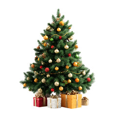 A green Christmas tree is decorated with ornaments and presents for the holiday season