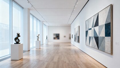 Obraz premium Bright Art Gallery Interior with Sculptures and Paintings Exhibits, Minimalist Design, Light Hardwood Flooring