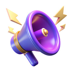 3D panorama of bright loudspeaker with neon lightning bolts making announcement against violet background
