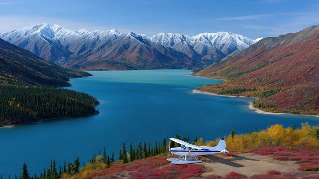 Alaskan wilderness exploration by floatplane in autumn