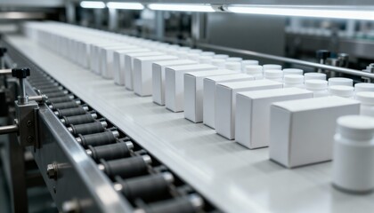 Fototapeta premium Pharmaceutical Manufacturing: Streamlined Conveyor Belt System with Product Packaging for Efficient Distribution and Quality Assurance