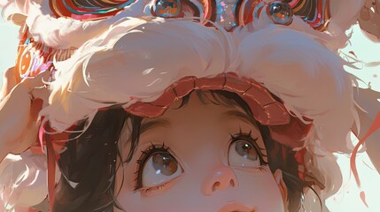 Illustration of a character with large expressive eyes and an elaborate hat adorned with feathers and colorful decorations