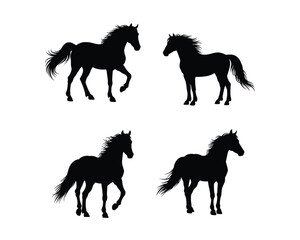 Four striking black silhouettes of majestic horses in various dynamic poses against a clean white background