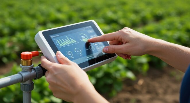 Precision agriculture farmer using smart irrigation system tablet - Powered by Adobe