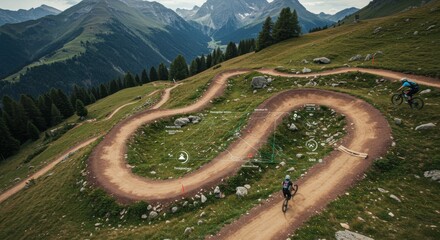 Mountain bikers navigate a winding dirt trail through alpine meadows with augmented reality interface